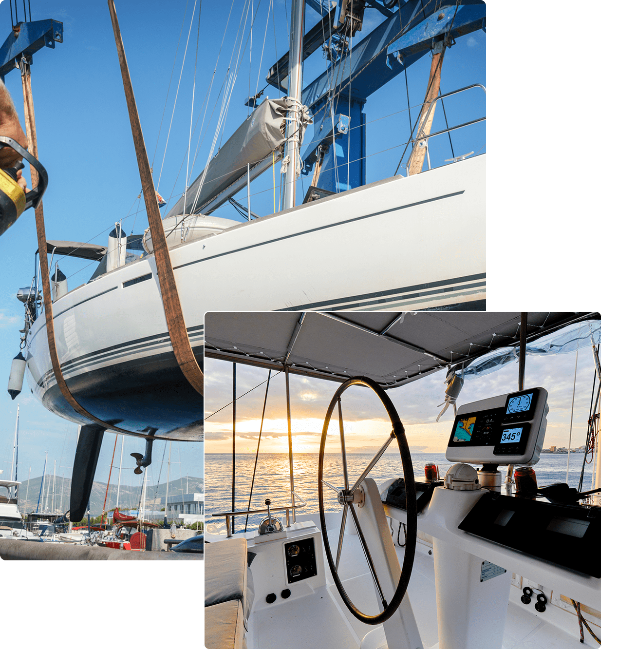 Sailboat helm with ocean backdrop